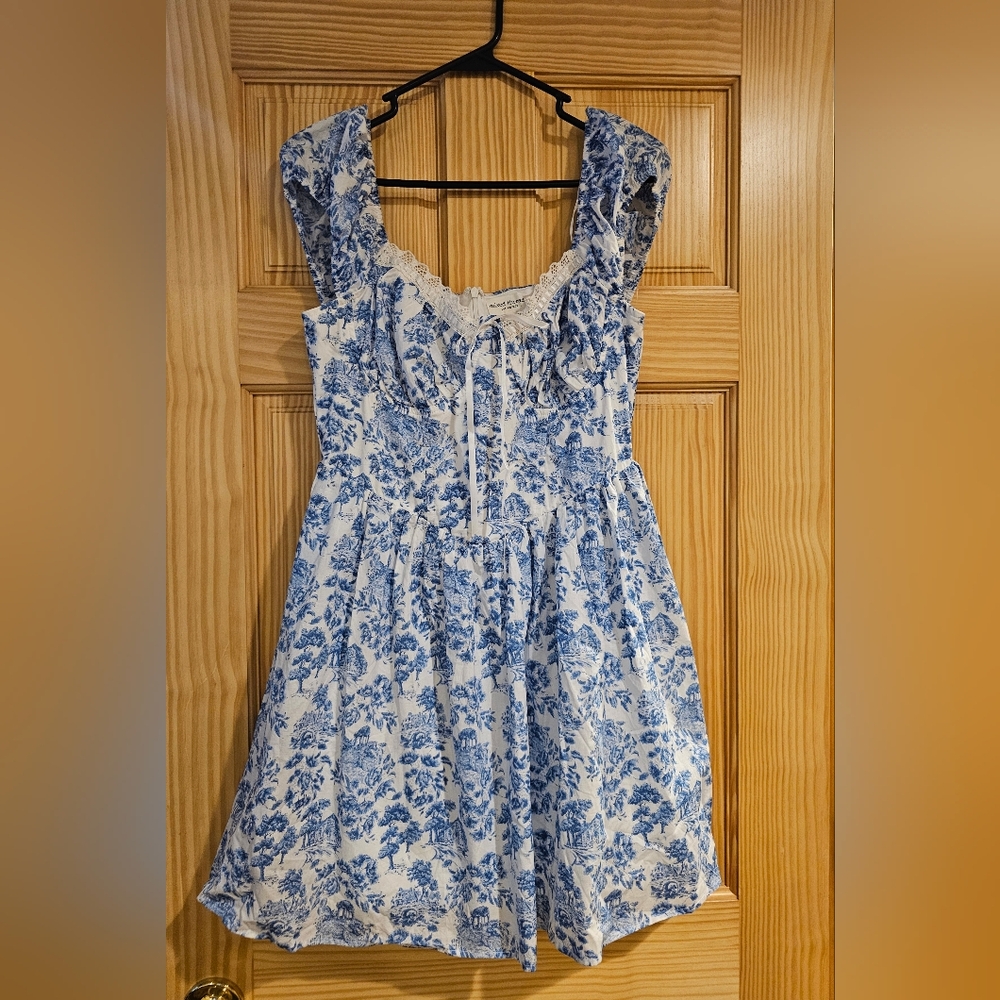 New Toile Fit & Flare Dress Lace Trim Cottagecore Juniors Summer Blue White